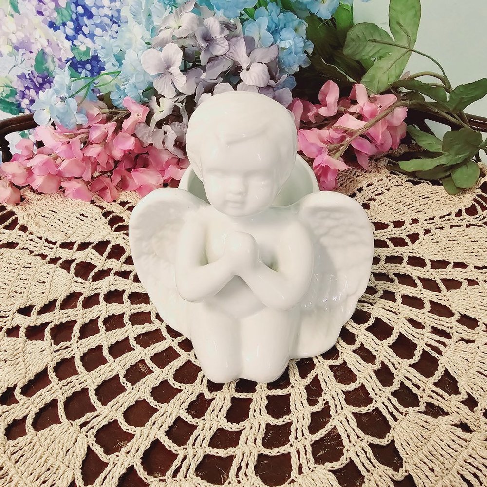 Vintage Ceramic Praying Cherub Vase, Planter, Candle Holder, Trinket Dish